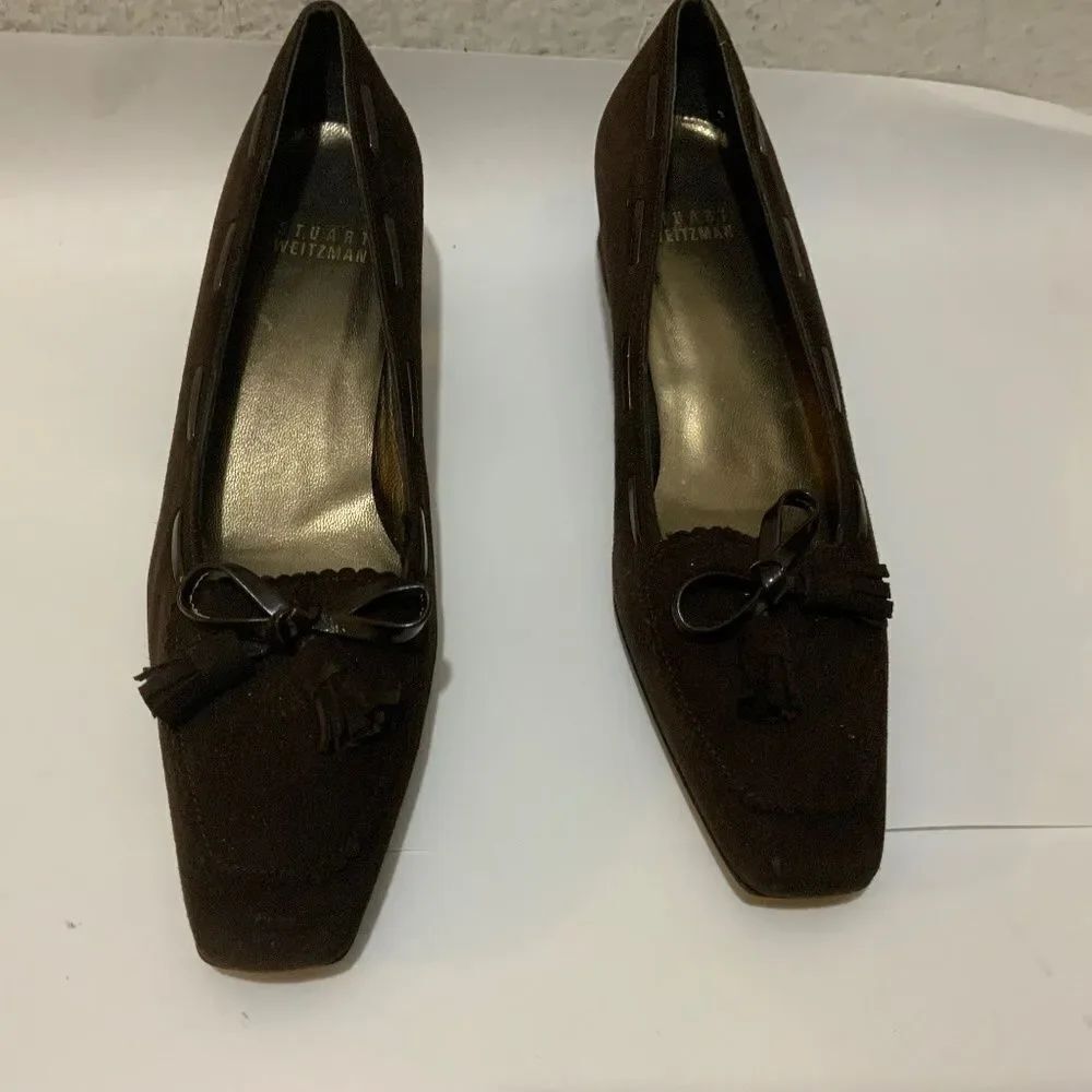Stuart Weitzman Womens Shoe Size 5 1/2 Narrow Brown Slipon Heels Pumps Bow Tie